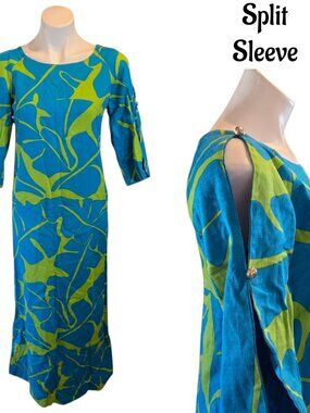 VTG 60s Dress S / M Malihini Hawaii Mod Floral Barkcloth Maxi Psychedelic